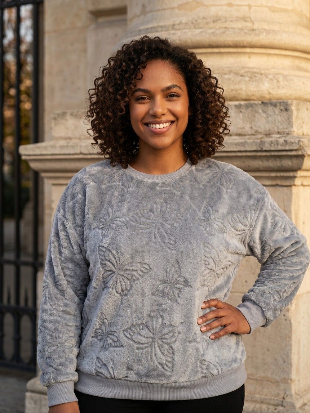 Gray Butterfly Plush Pullover Sweatshirt Fuzzy Embossed Soft Cozy Sweater Large